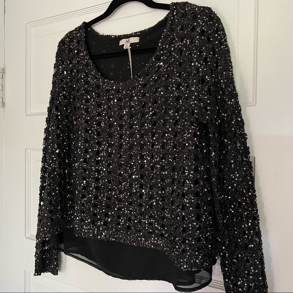 NWT Black Sequin Knit & Chiffon Lightweight Sweater Top - Holiday Style - Picture 11 of 11